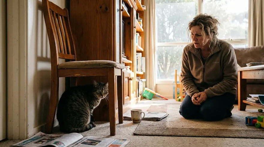 A cat crouched low and hunched under a chair while its owner watches from a distance