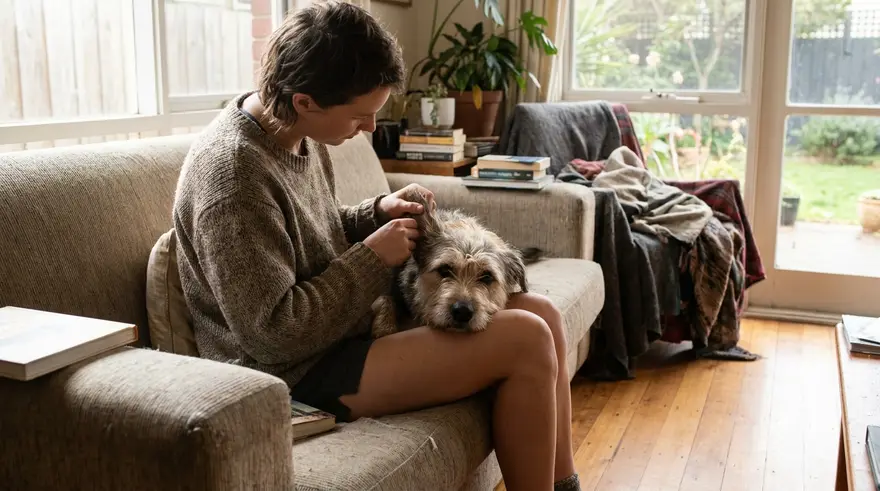 An owner checking a relaxed dog's ear on a sunlit couch at home