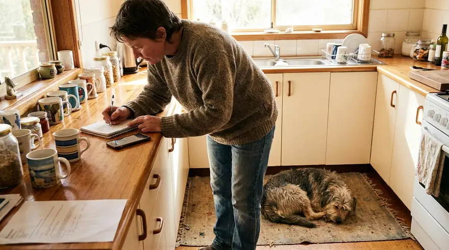 A person at a kitchen bench writing notes beside a phone while a dog rests at their feet