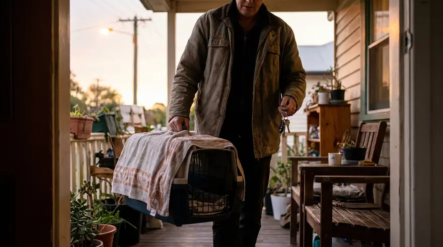An owner carrying a covered pet carrier out the front door in the early evening