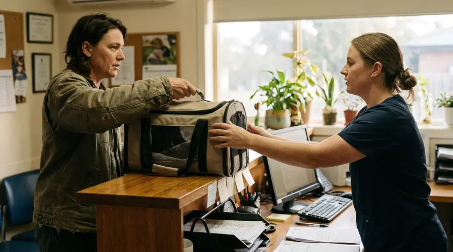 A person handing a pet carrier across a clinic reception counter in the evening