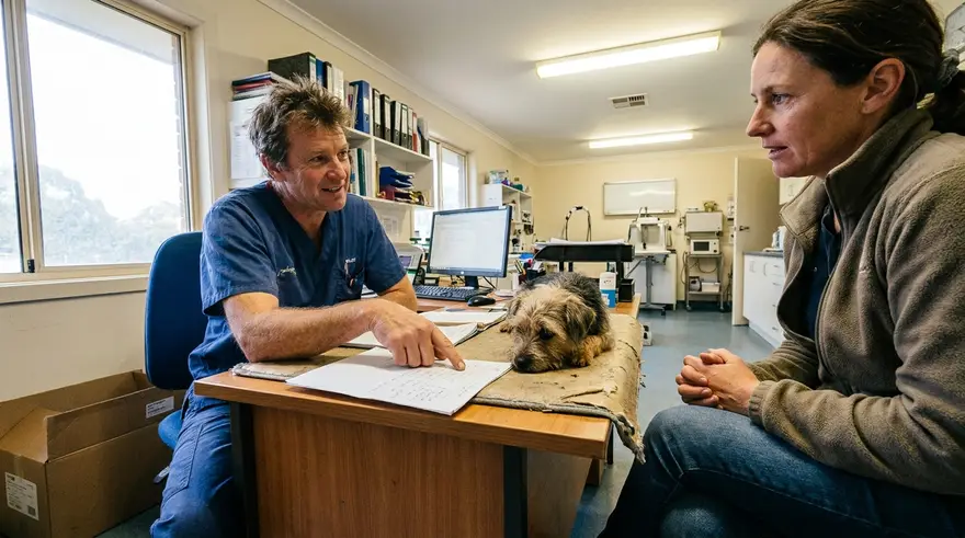 A veterinarian sitting across a consult room desk from an owner, talking through a sheet of paperwork between them