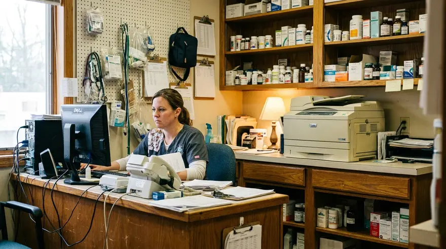 A veterinary nurse working at a cluttered clinic workstation with supplies and a printer behind her