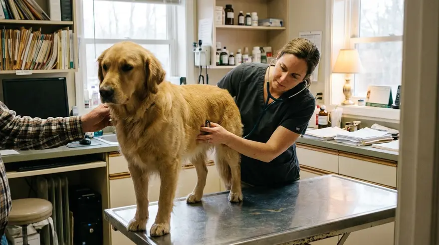 A veterinarian listening to a golden retriever's chest with a stethoscope while its owner steadies it