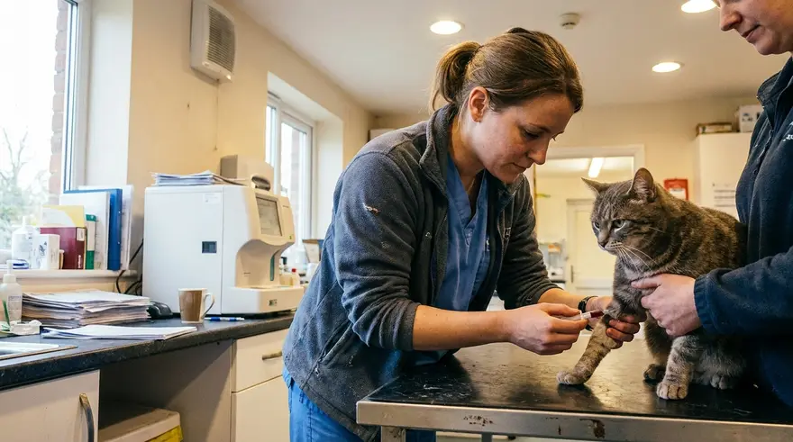 A veterinary nurse gently drawing a blood sample from a calm grey cat beside an in-house laboratory analyser