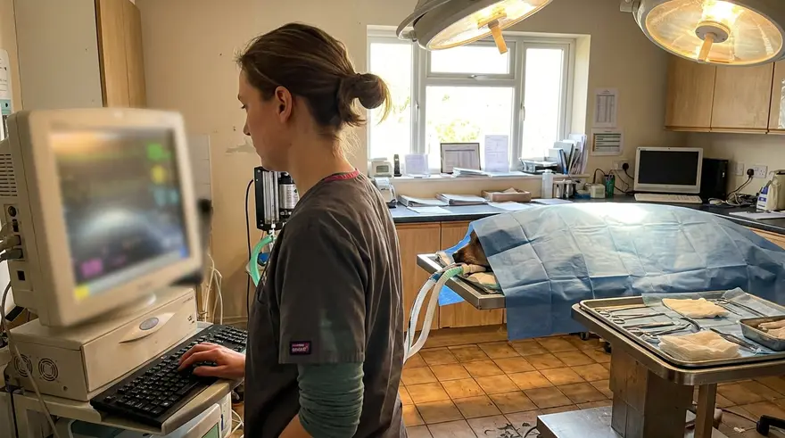 A veterinary nurse watching an anaesthetic monitoring screen beside a draped sleeping patient in theatre