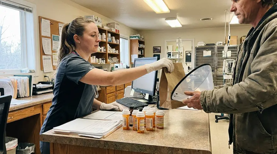 Medication bottles, a recovery collar and a bag of take-home supplies being handed across a clinic counter