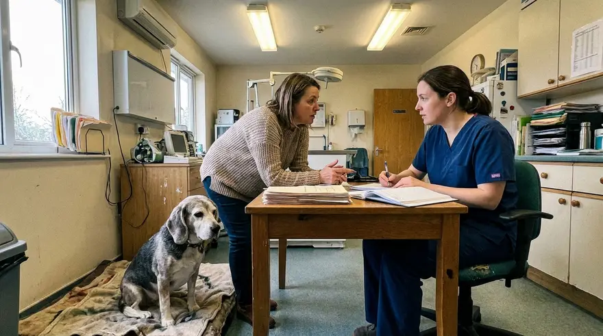 An owner leaning forward to ask a question across the consult table while the vet listens, an old beagle nearby