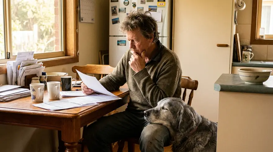 An owner sitting at a sunlit kitchen table with paperwork spread out, their old dog resting its head on their knee