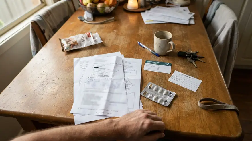 Vaccination paperwork, a microchip card and a worming packet laid out on a table