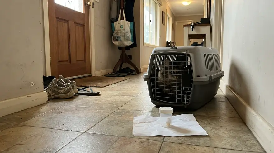 A sealed sample container and a pet carrier by the front door, ready to leave