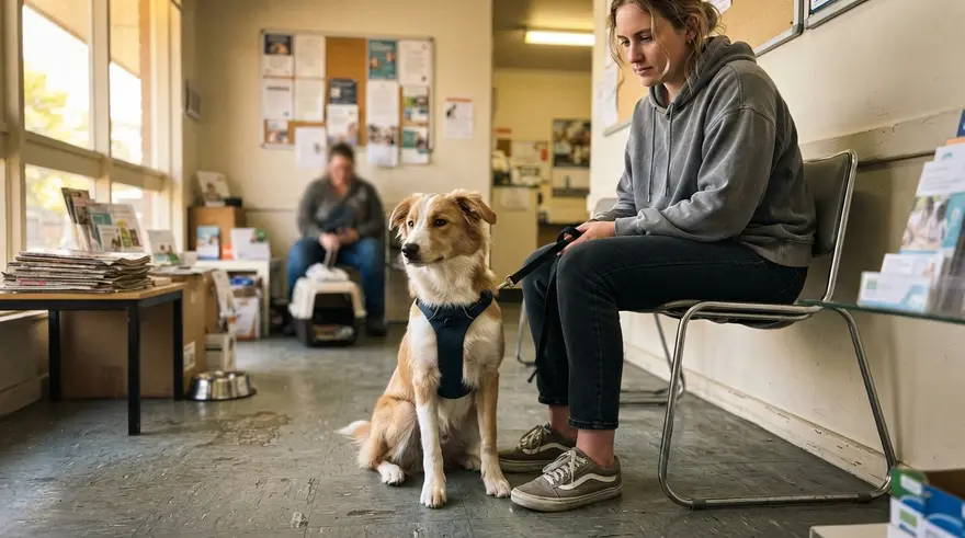 A calm young dog on a short lead sitting beside its owner in a clinic waiting area