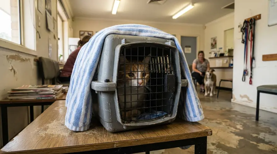 A cat carrier covered with a towel resting on a bench, a cat's face just visible inside