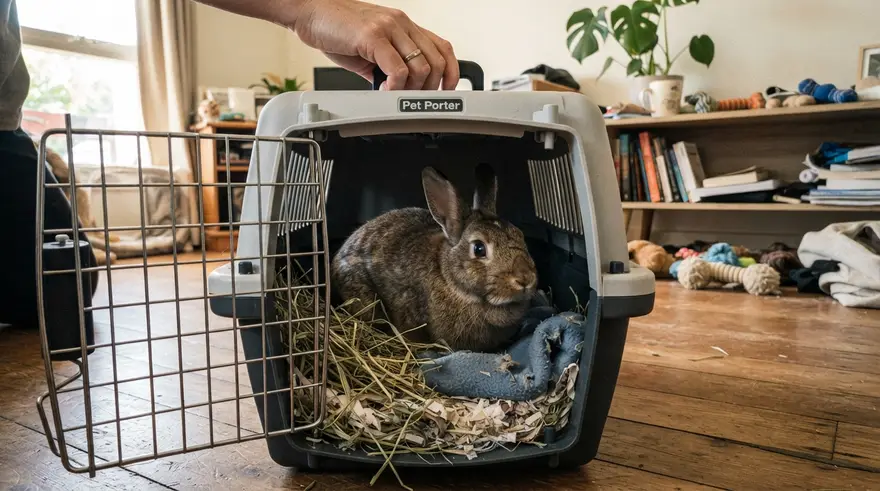 A rabbit settled in a carrier lined with hay, ready for a trip to the vet