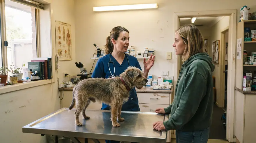 An owner talking with a vet in a consult room while a dog stands on the examination table