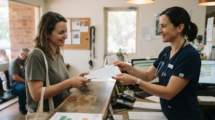 A vet handing over written aftercare instructions at the clinic reception desk