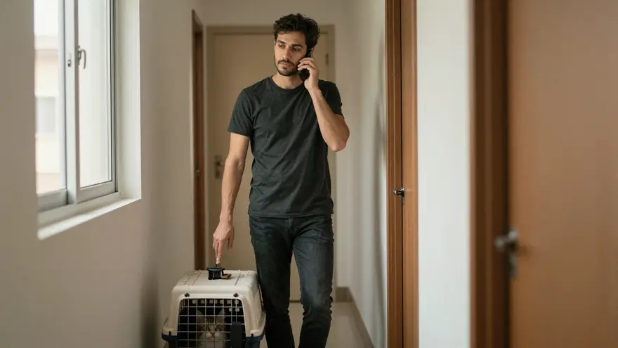 A man on the phone in a hallway with one hand resting on his cat carrier