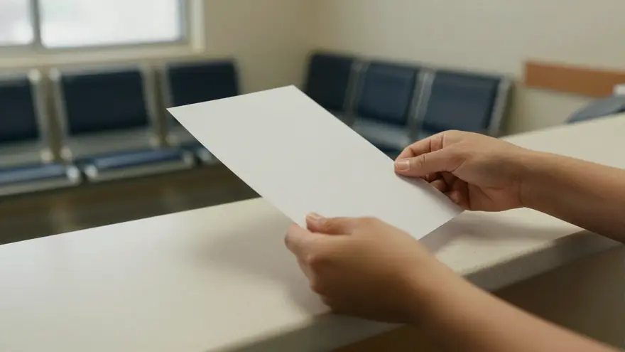 Close up of hands passing a printed estimate across a clinic reception counter