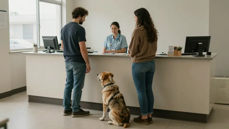 A couple talking with a receptionist at a clinic desk while their dog sits at their feet