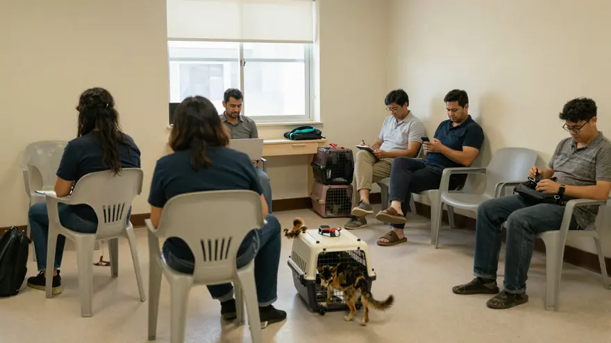A modest community vet clinic waiting room with several owners and their pets