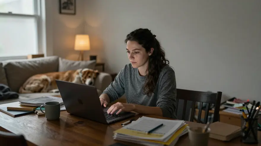 A woman on her laptop at the dining table in the evening with her dog asleep behind her