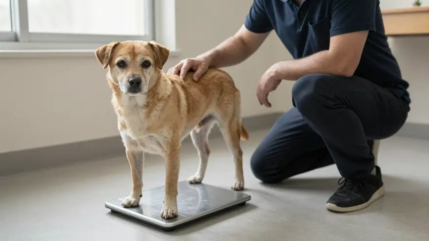 An older dog standing on a clinic floor scale during a routine check with its owner crouched beside