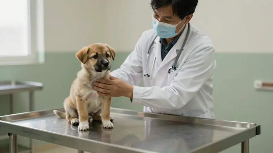 A vet gently lifting a small puppy onto the examination table for its first check