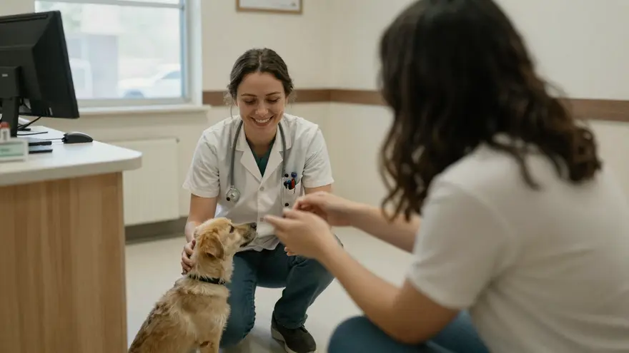 A friendly veterinary receptionist greeting a puppy and owner at the front desk