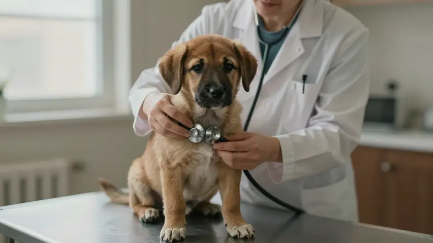 A vet listening to a calm puppy's chest with a stethoscope during the health check