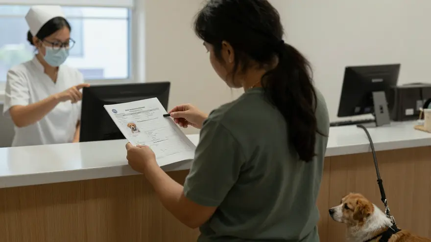 An owner at the reception counter reviewing a puppy vaccination plan on a printed sheet