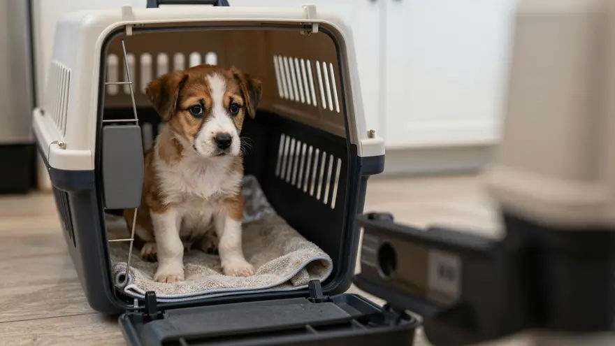 A puppy sitting on a soft towel inside an open carrier, ready for the car trip
