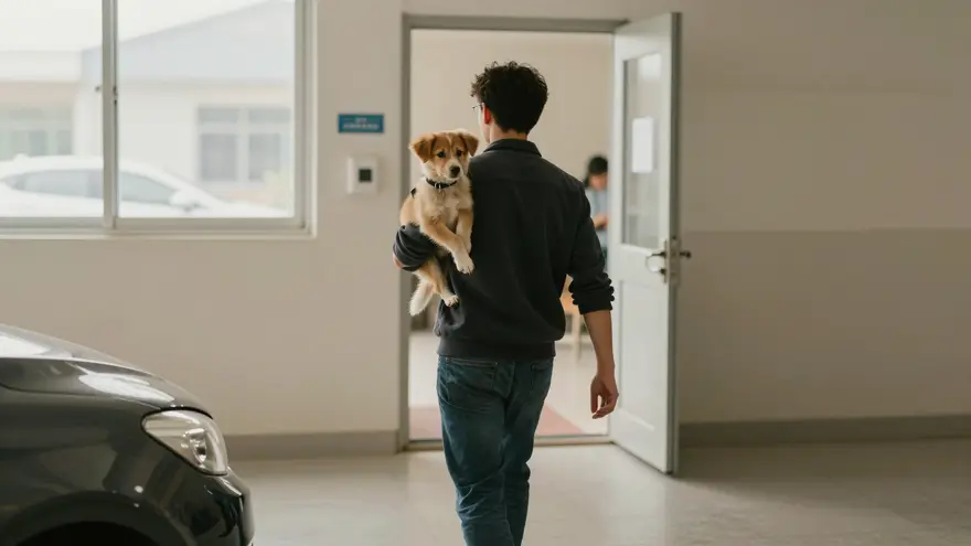 An owner carrying a small puppy across a car park towards a clinic entrance