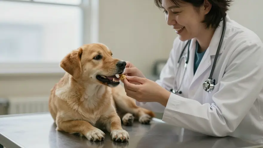 A relaxed puppy being praised and given a treat by a smiling vet at the end of the visit
